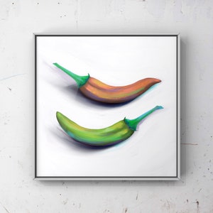 May include: Two chilli peppers, one green and one orange, are painted on a white background. The peppers are depicted in a realistic style with subtle brushstrokes.