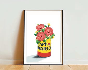 Cafe Bustelo Inspired Planter with Red Hibiscus Flowers Poster/ Botanical Art/ Coffee Art