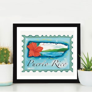 Puerto Rico Karte/ Insel/ Poster/ Hibiskus/Geschenk/ Post Stempel