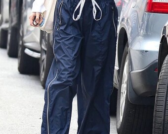 Y2k Pockets Tie Up Elestic Waist Sporty Joggers Women Baggy Casual Trousers Street Pants Blue Side Striped Sweatpants