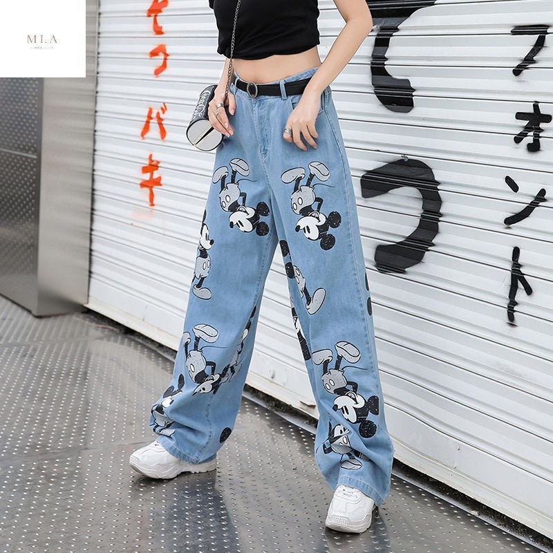 Disney Anime Jeans Woman Mickey Mouse Print Denim Trousers - Etsy Hong Kong
