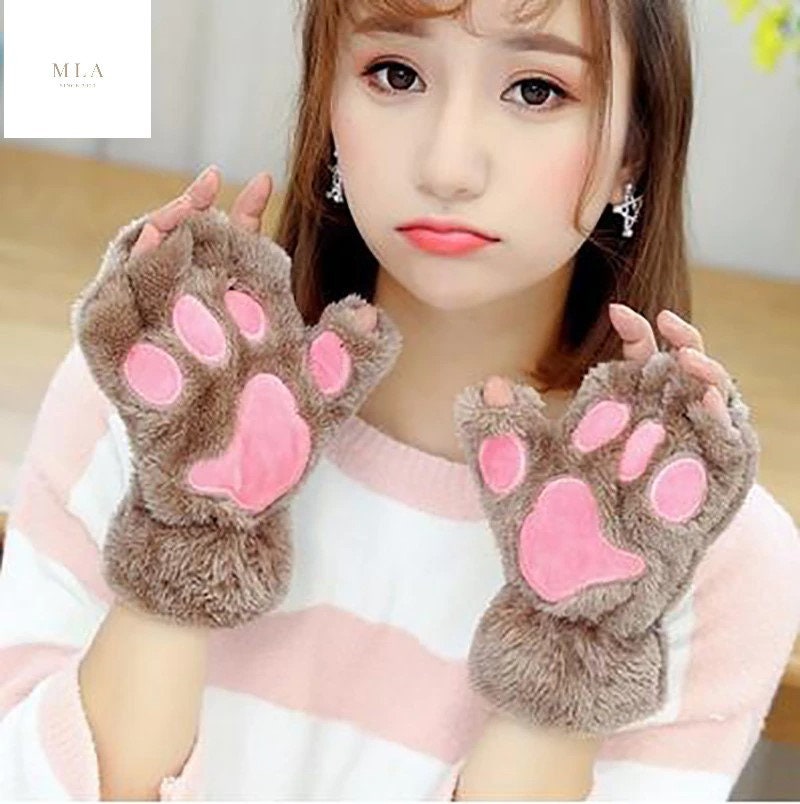 Odema Womens Bear Plush Cat Paw Claw Glove Soft Winter Fingerless