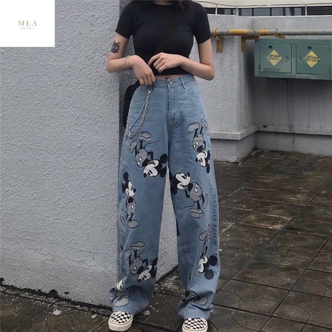 Disney Anime Jeans Woman Mickey Mouse Print Denim Trousers Oversize ...