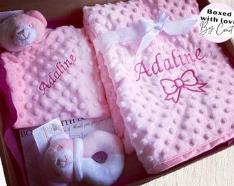 Personalised PINK Baby Girl Gift Set, Baby Comforter & Blanket Set, Cute Pink Baby Girl Bundle, New Baby Hamper, Embroidered, Baby Shower