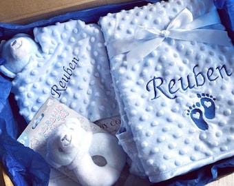 Baby Boy Personalised Gift Set, Baby Comforter & Blanket Set, Blue Baby Boy Bundle, New Baby Hamper, Custom, Embroidered, Baby Shower Gifts