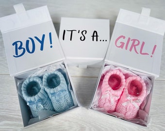 Baby Gender Reveal Gift, Unique Gender Announcement Gift Box, Baby Bootees, It's a Boy, It's a girl, Pregnancy Announcement to family