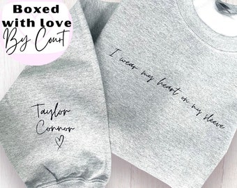 Heart on Sleeve Sweater, Crewneck with Children's Names on, Personalised Sweaters, Thoughtful, Sentimental, Gifts for Parents, Mums & Dads