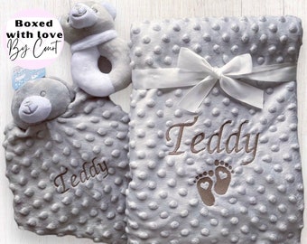 Personalised Baby Gift Set, Comforter & Blanket Set, New Baby Bundle, Hamper, Embroidered, Baby Boy, Baby Girl, Gender Neutral, Baby Shower
