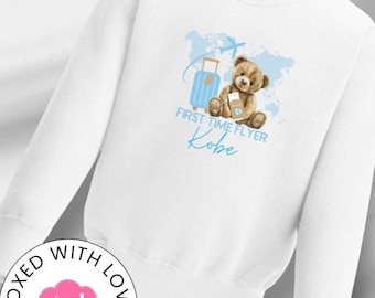 Personalised My First Flight / First Time Flyer, Crew Neck T-Shirt or Sweatshirt, Babies 1st Holiday, Children's holiday jumper, Aeroplane