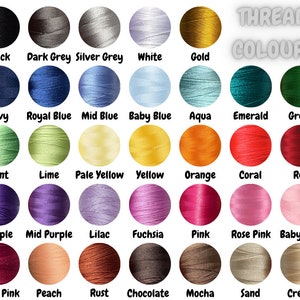 May include: A chart of thread colors with names for each color. The colors include black, dark grey, silver grey, white, gold, navy, royal blue, mid blue, baby blue, aqua, emerald, green, mint, lime, pale yellow, yellow, orange, coral, red, purple, mid purple, lilac, fuchsia, pink, rose pink, baby pink, deep pink, peach, rust, chocolate, mocha, sand, and cream.