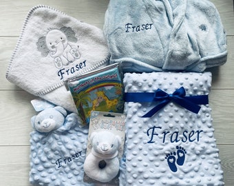 Personalised baby gift bundle, embroidered hamper, large newborn gift set, baby blanket, dressing gown & comforter set, baby boy, baby girl