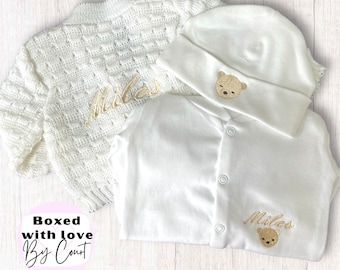 Personalised Baby Coming home outfit, Hospital outfit for babies, newborn, personalised new baby sleepsuit, embroidered cardi, cute bear hat