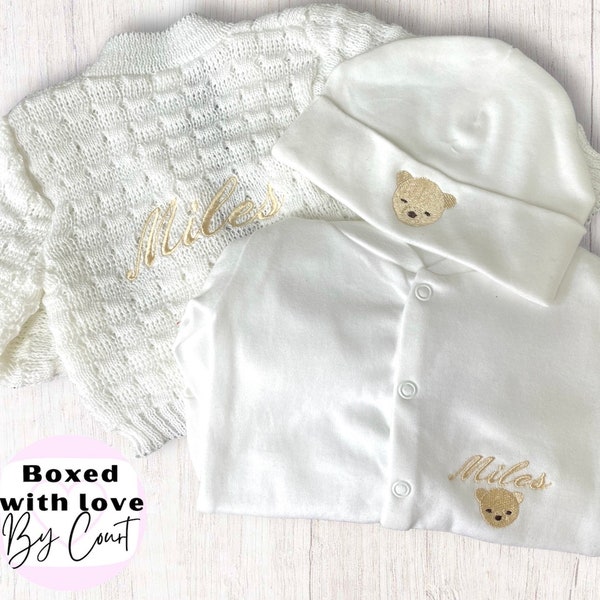 Personalised Baby Coming home outfit, Hospital outfit for babies, newborn, personalised new baby sleepsuit, embroidered cardi, cute bear hat