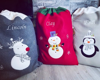 Personalised Christmas Sack, Custom Embroidered Large Christmas Sack, Xmas, Snowman, Rudolph, Santa, Penguin, Red, Silver, Charcoal, 2024