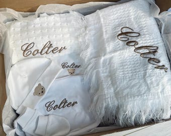 Personalised Baby Coming home outfit, Hospital outfit for babies, newborn, personalised new baby sleepsuit, embroidered cardi, cute bear hat