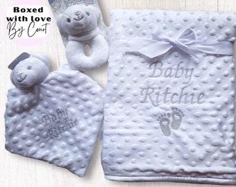 Personalised Baby Gift Set, Comforter & Blanket Set, New Baby Bundle, Hamper, Embroidered, Baby Boy, Baby Girl, Gender Neutral, Baby Shower