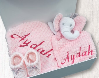 Personalised Baby Blanket and Comforter Gift Set, Waffle blanket, Gifts for Baby Boy, Baby Girl, Baby boots, Cute Embroidered Newborn Hamper