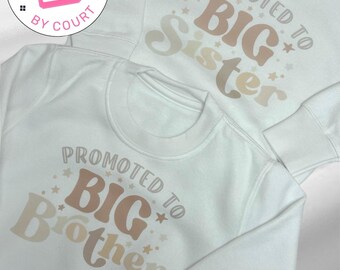 Promoted to Big Sibling, Promoted to big brother, big sister, sibling pregnancy announcements, sweater saying promoted to big bro / sister