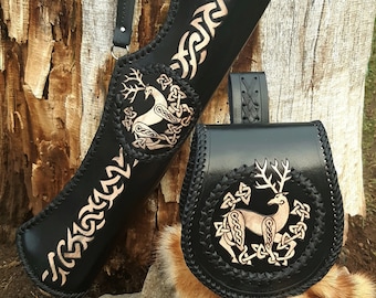 Archer leather quiver with leather belt pouch / archer equipment set, traditional hip, side quiver and leather pouch, celtic deer pattern
