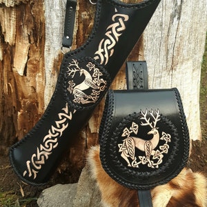 Archer leather quiver with leather belt pouch / archer equipment set, traditional hip, side quiver and leather pouch, celtic deer pattern