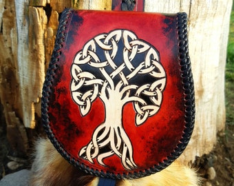 Real leather belt bag  / belt pouch  / Side leather quiver with celtic tree of life pattern / Leather Belt / archer equipment set /LARP