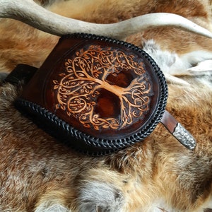 Real leather belt bag / belt pouch medieval with tree of life pattern, LARP