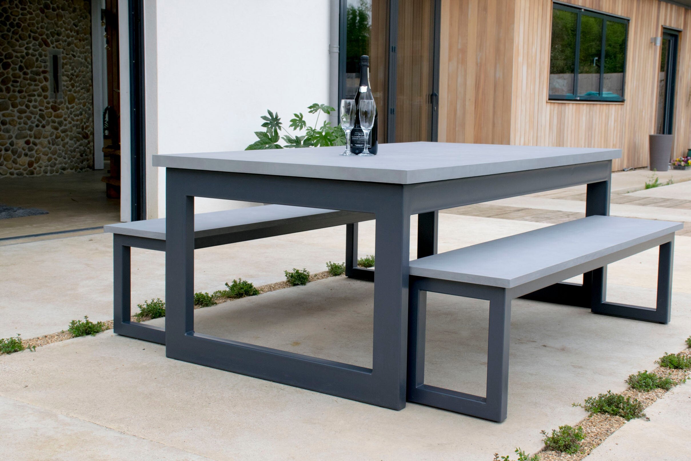 Microcement and Steel Patio Table & Bench Set With 2M Concrete Table