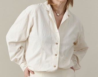 Vintage Corduroy Blouse for Women Size S | Ivory White Cotton Corduroy Long Sleeve Button Up