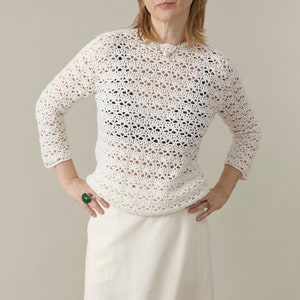 Vintage White Crochet Sweater for Women Size XS | White Soft See-Through Sweater with 3/4 Sleeves, for Spring