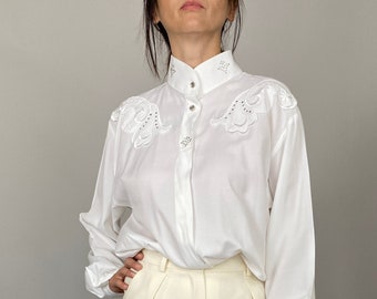 Vintage white blouse for women Size M | White blouse with high collar WAP100