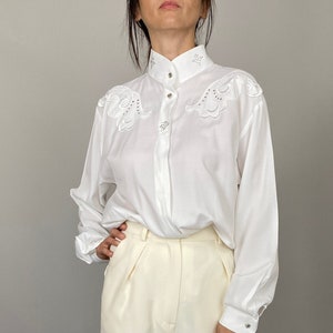 Vintage white blouse for women Size M | White blouse with high collar WAP100