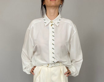 Vintage white blouse for women Size L - XL | White blouse with embroidery details WAP97