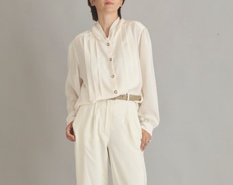 Vintage white blouse for women Size L | Off white pleated blouse WAP145
