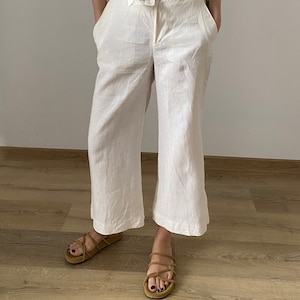 Vintage White Linen Pants for Women Size S White Linen Pants with High Waist and back slit WAP181 image 1