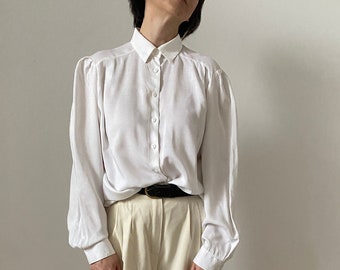Chemisier en rayonne blanche vintage : haut minimaliste à manches longues (M-L)