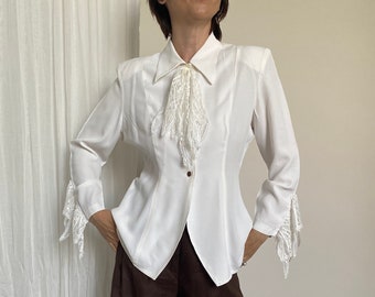 Vintage White Blouse with Lace Jabot | Women White Blouse size M FTV1584