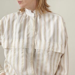 Vintage White Blouse for Women Size S M White Blouse from the 80's with Wide Beige Stripes and Tab White Collar image 1