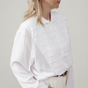 Vintage Elegant White Blouse for Women Size L - XL | Pleated Placket Blouse for Formal Occasions