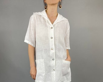 White Linen Blouse for Women Size M  | White Linen Hooded Blouse with Short Sleeves