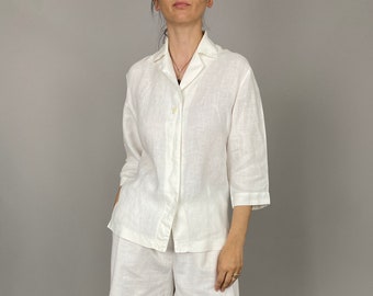 Vintage White Linen Blouse for Women Size L | White Summer Blouse WAP119