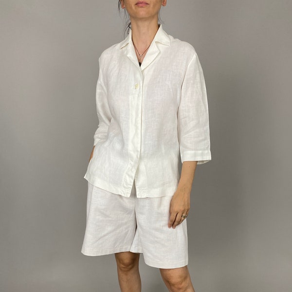 Vintage White Linen Blouse for Women Size L | White Summer Blouse WAP119