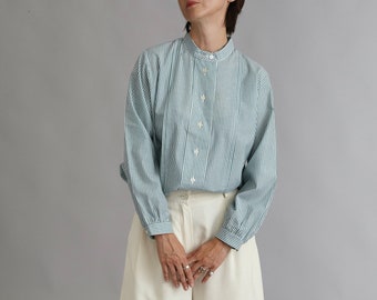 Blouse à rayures vintage pour femme Taille M - L | Chemisier à rayures blanches et vertes avec col bande