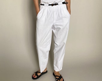 Vintage White Pants for Women Size S - M, waist 26" - 27" | White Cotton Pants with High Rise and Pleats