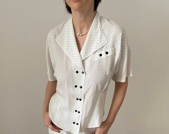 Vintage Polka Dots Blouse for Women Size S-M | Vintage Short Sleeve Polka Dots Blouse | White Blouse with Black Dots