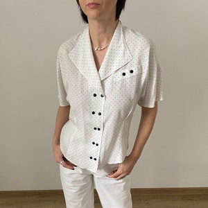 Vintage Polka Dots Blouse for Women Size S-M Vintage Short Sleeve Polka Dots Blouse White Blouse with Black Dots image 1