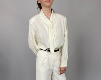 Vintage White Blouse size M - L | White Blouse with Shawl Collar - WAP159