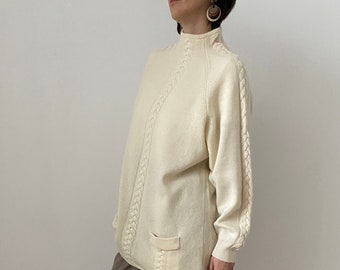 Vintage White Wool Sweater for Women Size S - M  | Turtle Neck White Cable Knit Long Sweater FTV1572