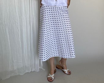 White Summer Skirt for Women Size S | Blue Polka Dots Skirt