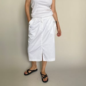 Vintage White Straight Midi Skirt for Women Size S - M, Waist 29&quot;, White Casual Skirt for Summer with Front Slit, Pockets and Lining