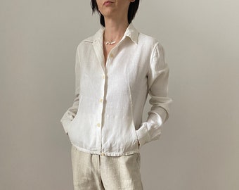 Vintage white linen blouse for women size S | Linen Long Sleeve Button Up with pockets